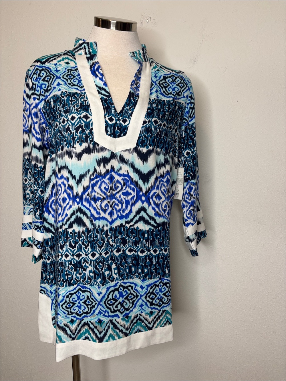 Blue Geo-Print V-Neck Tunic with White Trim